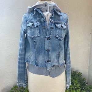 Free People distress jean jacket sweat hood XS